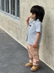 SHEIN Baby Boys' Street Style Fashion College Casual Striped Short Sleeve Shirt And Utility Pants 2pcs/Set For Vacation - Multicolor - View 5