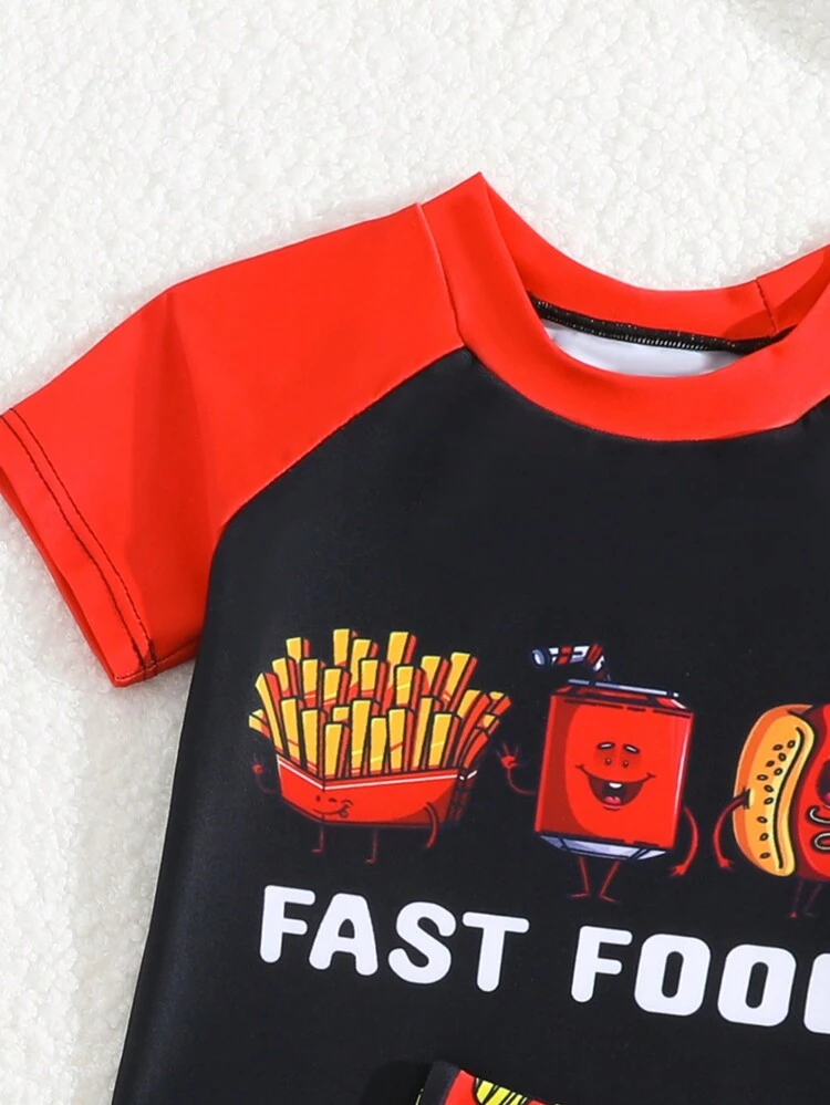 Baby Boy Holiday Letter & Chips Printed Round Neck Casual T-Shirt And Shorts Set, Beachwear