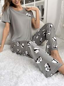 Women's Cute Panda Cartoon Short Sleeve Pajama Set With Long Pants - Grey - View 6