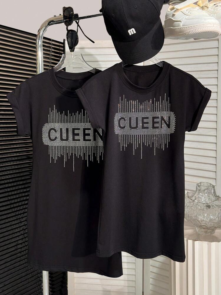 Young Girl Round Neck Short Sleeve Dress With Rhinestone Decoration For Summer Casual Wear