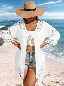 Sunnyshic Plus Size Women Fashion Solid Color Hollow Out Tassel Kimono Robe Summer - White - View 5