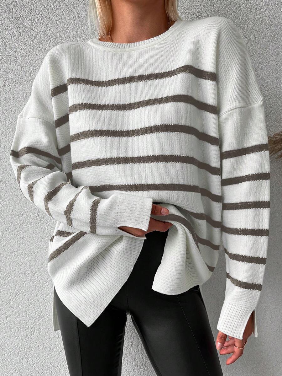 SHEIN Cottnline Women's Striped Drop Shoulder Loose Sweater - Brown - View 1