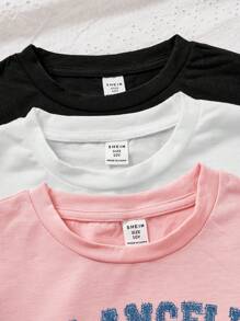 SHEIN Leap Crew Conjunto de 3 piezas de camisetas lisas para niña preadolescente con impresiones de corazones, estrellas y letras simples y de dibujos animados, perfecto para el verano - Multicolor - Ver 3