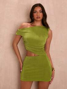 SHEIN BAE Zielony top z krótkimi rękawami i mini spódniczka, zestaw na lato