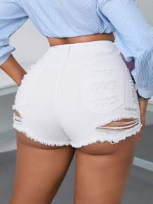 SHEIN SXY Cộng với kích thước dành cho nữ chắp vá có kích thước thô Quần short denim thông thường có túi - trắng - Xem 1