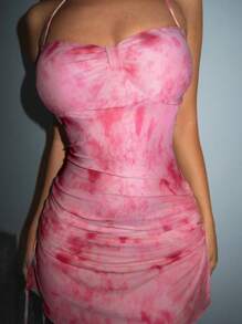 SHEIN PETITE Thick Rope Side Pleated Bust Halter Neck Backless Summer Pink Floral Dress - Pink - View 4