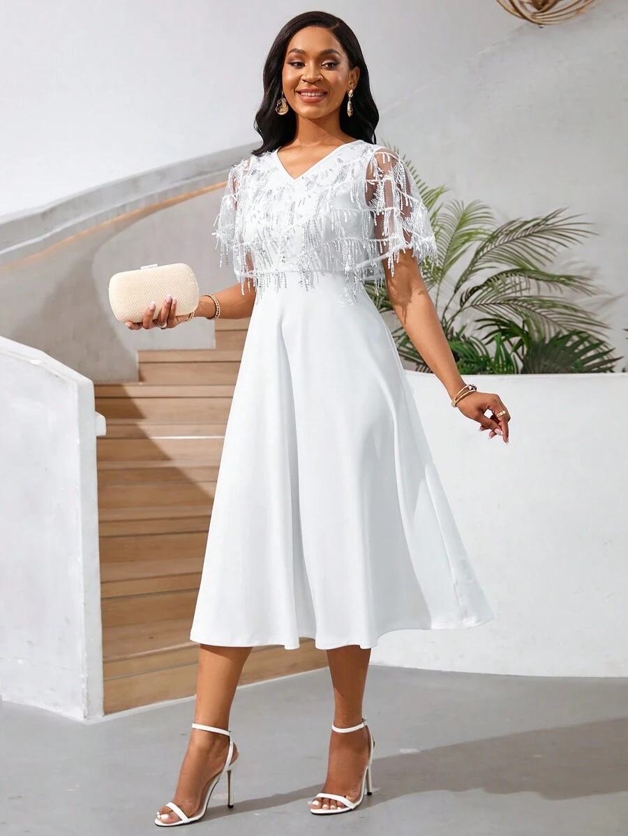 SHEIN Lady Vestido de invitada de boda para verano, vestidos para mujer, vestido de graduación blanco con flecos, bordados y lentejuelas, vestido de boda blanco largo y corto, atuendo para conciertos de música country - Blanco - Ver 1