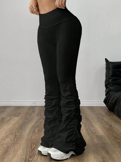 SHEIN EZwear Spring And Summer White See-Through High Waisted Flared Pants With Ruched Detail