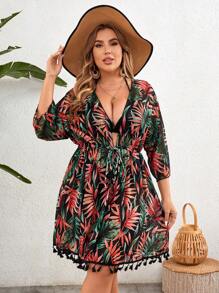 Swim Lushoire Plus Size Women Vacation Style Long Sleeve Kimono With Tree Leaf Print Summer