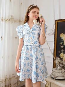 SHEIN DRMZ Tween Girl Tween Girl Áo sơ mi cổ bẻ thường ngày có tay áo dài và váy - trắng - Xem 7