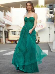 Đầm Maxi Dạ Hội Bandeau Lưới Vá Màu Trơn - màu xanh lá - Xem 4