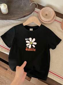 SHEIN Leap Crew 青少女T恤套裝，夏季上衣，簡約休閒卡通字母花卉印花，白色/黑色/粉色，適合夏季穿著