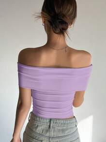DAZY Camiseta de mujer de verano de hombros descubiertos y ajustada, tops cortos de mujer para salir - Morado - Ver 2