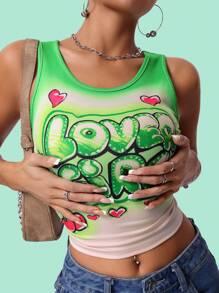 INAWLY Women's Y2K Summer Slim Fit Top With Heart, Cherry And Letters Print - Green - View 4