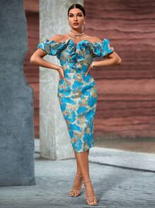 Women Blue Jacquard Off Shoulder Dress Party Dress Wedding Guest Cocktail Dress - Blue - View 3