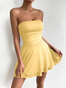 Allurite 女士純色簡約日常無肩帶褶皺連衣裙