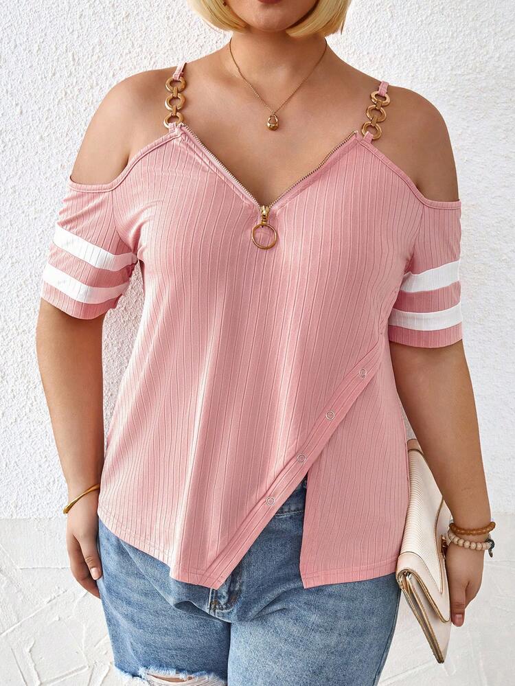 Plus Size Women's Striped Open Shoulder Zipper Half-Placket Split Hem Casual T-Shirt For Summer