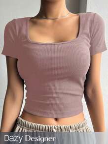 Dazy Designer 夏季休閒實色短袖修身短款T恤，方領設計 - 珊瑚粉 - 查看 1