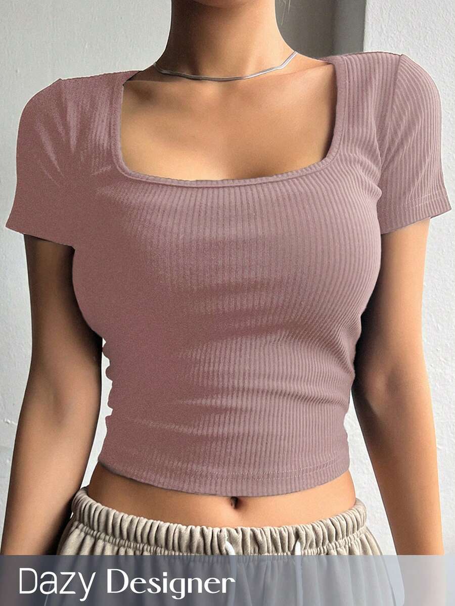 Dazy Designer 夏季休閒實色短袖修身短款T恤，方領設計 - 珊瑚粉 - 查看 1