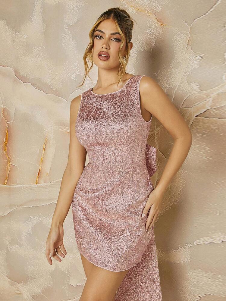 Big Bow Back Draped Metallic Dress