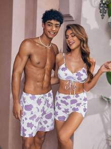 Manfinity Swimmode Men's Cow Printed Drawstring Waist Loose Fit Beach Shorts For Holiday