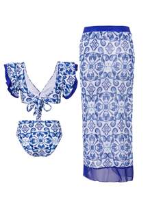 Swim Vcay Set de bikini con estampado floral y falda a juego con volantes para vacaciones de verano (estampado aleatorio) - Multicolor - Ver 4