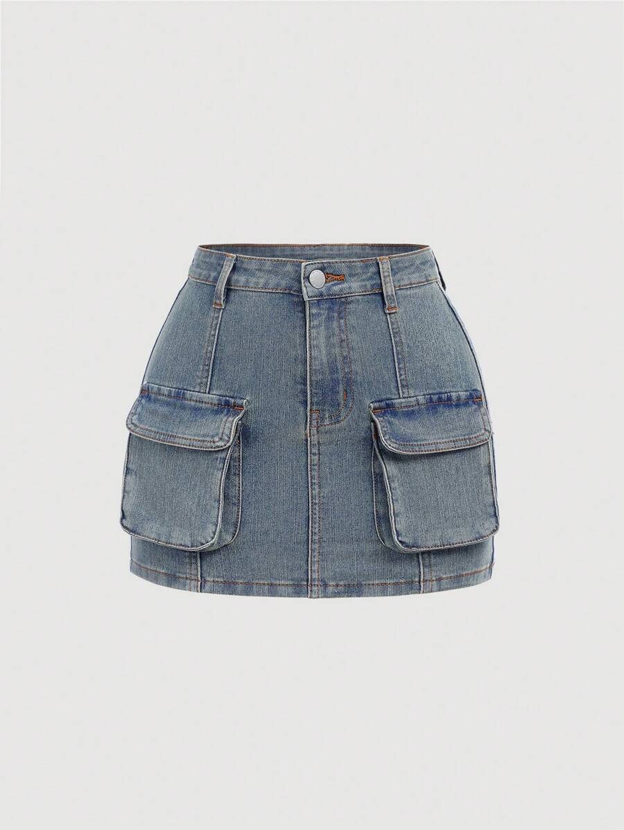 SHEIN Teen Girl Pocket Design Simple Daily Denim Skirt
