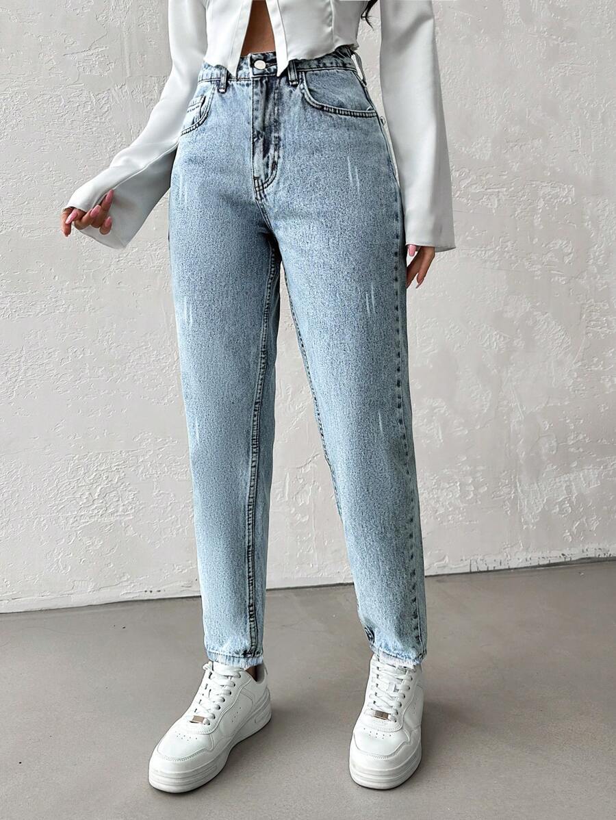 SHEIN Cottnline High Waisted Washed Denim Jeans - Light Wash - View 1