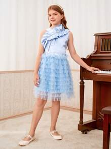 SHEIN Tween Mädchen Hellblaues ärmelloses Top mit asymmetrischem Kragen, Rüschenbesatz und Mesh-Overlay-Rock, süßes Set - Babyblau - Übersicht 5