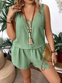 Breezaya Plus Size Women's Fashionable Solid Color Top And Shorts Two-Piece Set For Summer