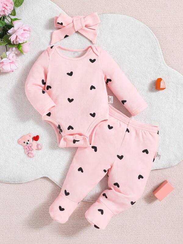 Baby Girl Polka Dot Pattern Bowknot Hairband Knit Comfortable Soft Sleepwear Three-Piece Set With Long Sleeve Top And Pants Baby Girl Pajama Sets