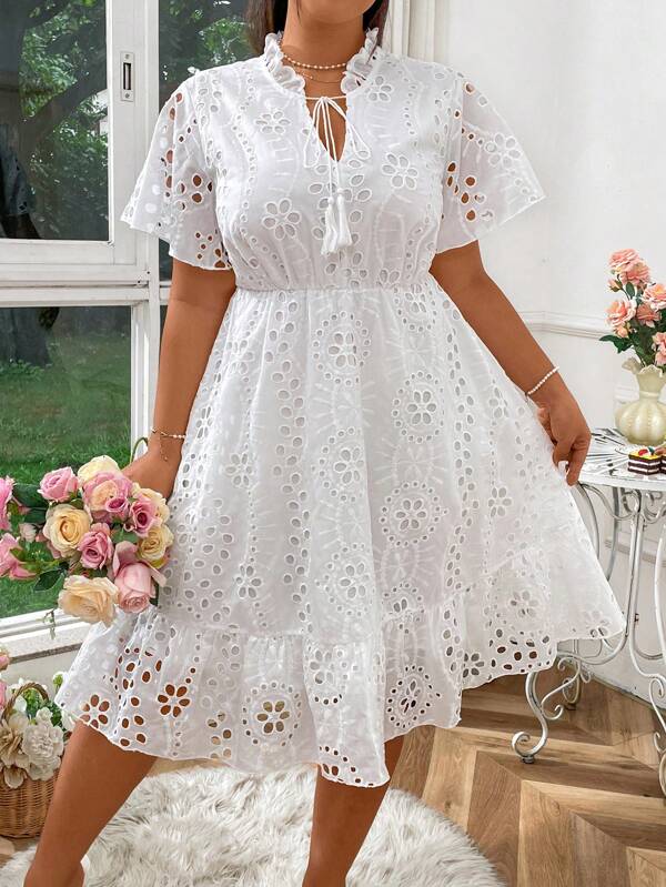 Flirla Plus Size Boho Summer Short Sleeve Dress With Tie Neck, Simple Eyelet Embroidered Ruffle Hem Vacation Beach Outfits Women