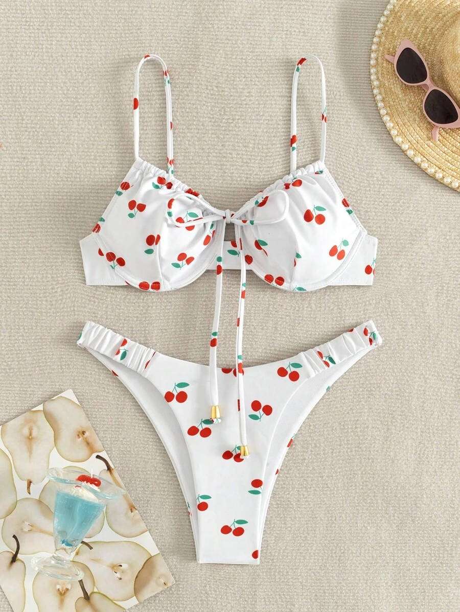 Swim Mod Summer Beach Women Cherry Print Knot Front Bikini Set