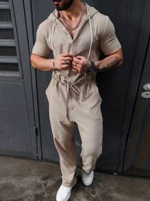 Manfinity Homme Men's Plain And Simple Short Sleeve Hooded Jumpsuit For Daily Wear - Camel - View 6