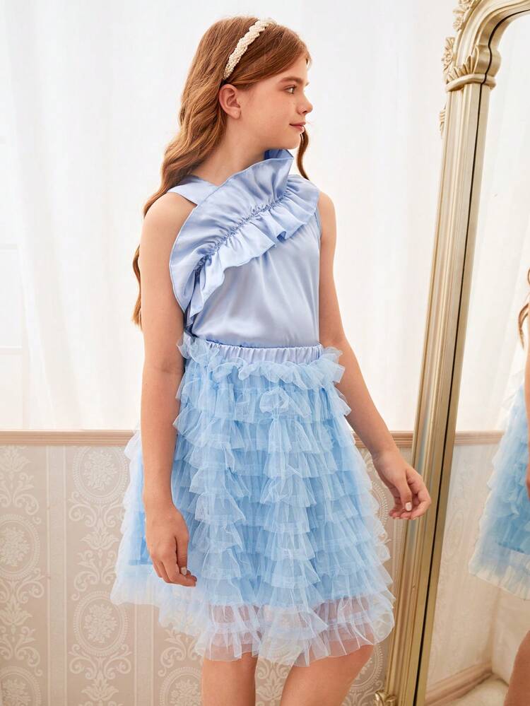 Tween Girl Light Blue Asymmetric Collar Sleeveless Top With Ruffle Trim & Mesh Overlay Skirt Cute Set