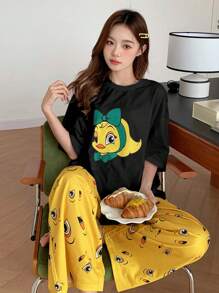 DAZY Cute Cartoon Printed Loose Casual Summer T-Shirt And Pants Pajama Set