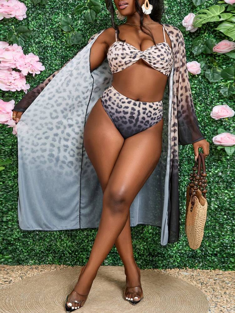 Women's Leopard Print Bikini Set With Twist Front Detail And Long Sleeve Cover-Up, 3pcs For Beach Holiday Summer