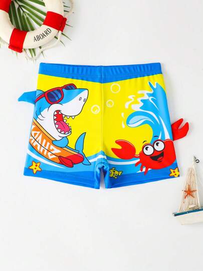 Young Boy Fashionable Summer Cartoon Shark & Crab Printed Swim Trunks (Print Pattern Positioned) Kids Swimming ,Kids Beachwear