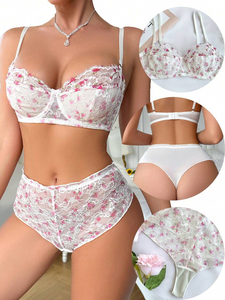 1 Set Floral Printed Romantic Lace Bra & Panties With Underwire, Lingerie