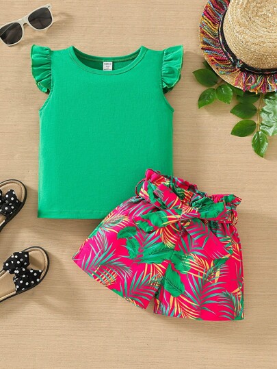 SHEIN Young Girl Summer Vacation Solid Color Cap Sleeve Top And Tropical Print Shorts Outfit