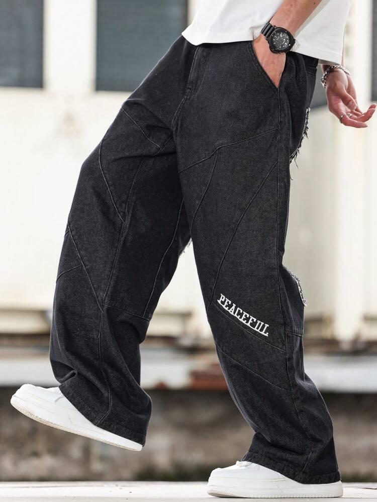 Men's Letter Printed Wide Leg Loose Fit Denim Jeans With Pockets