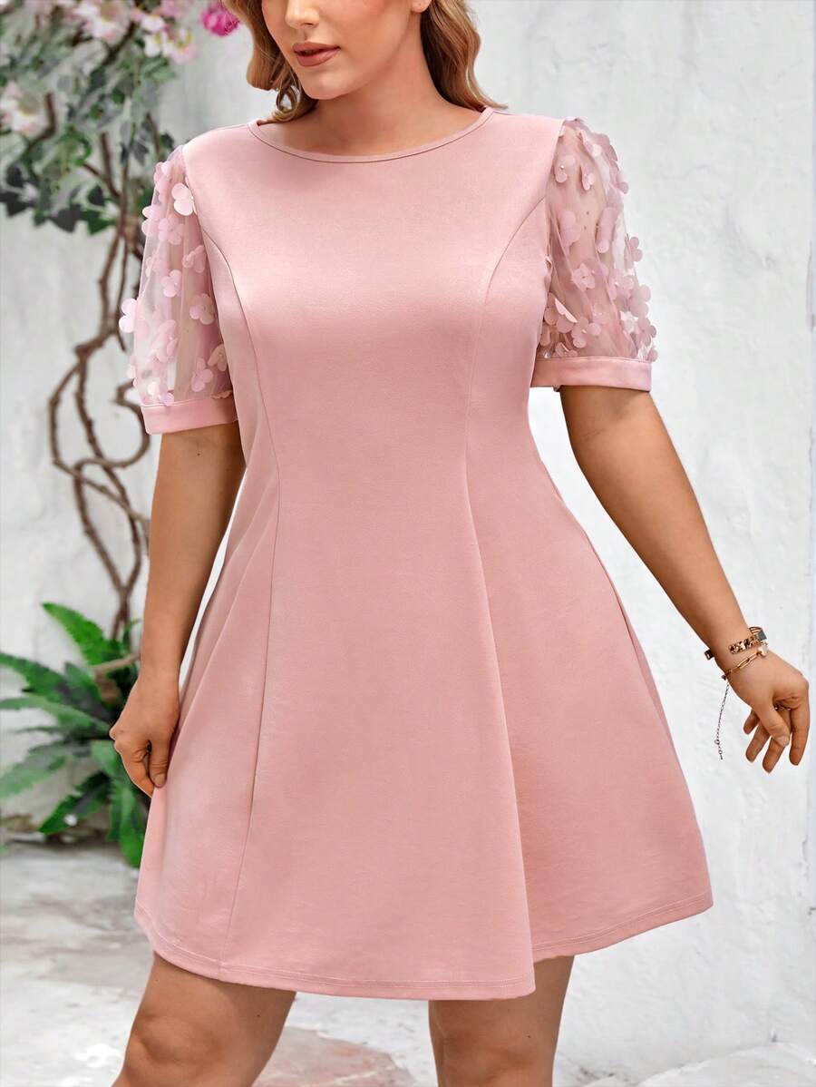 SHEIN Clasi Plus Knit Patchwork 3D Embroidered Pink Mini Dress - Multicolor - View 1