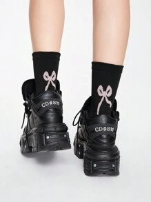 ROMWE Kawaii 3pairs Bow Decor Mid-Calf Socks With Heel