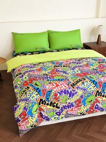 TEENAGE MUTANT NINJA TURTLES | SHEIN Cartoon And Letter Printed Green Duvet Cover Set - Baby Blue - View 7