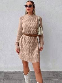 EURMUSE Mock Neck Raglan Sleeve Split Hem Cable Knit Sweater Dress Without Belt - Camel - View 7