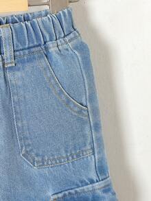 Spodnie cargo dla dziewczynki z miękkim spranym dżinsem i kieszeniami - Średni jeans - Zobacz 4