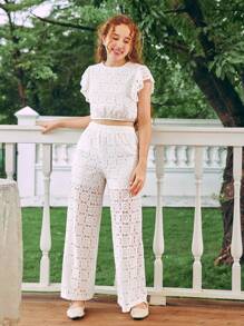 SHEIN Conjunto de dos piezas para adolescente con top de encaje elegante y pantalones largos - Blanco - Ver 4