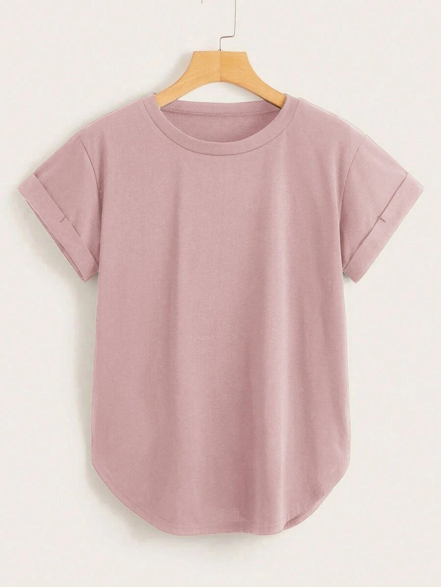 SHEIN LUNE Plus Size Women Round Neck Short Front Long Back Hem Rolled Sleeve T-Shirt - Pink - View 1