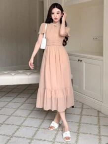 DAZY Women's Peach Pink Solid Color Dress With Keyhole Neckline,Ruffles And Pleats,Elegant Summmer Sundress For Tea Party,Prom,Birthday,New Year Eve Events - Apricot - View 3