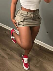 Women's Casual Solid Color Pocket Cargo Mini Skirt For Summer - Khaki - View 7